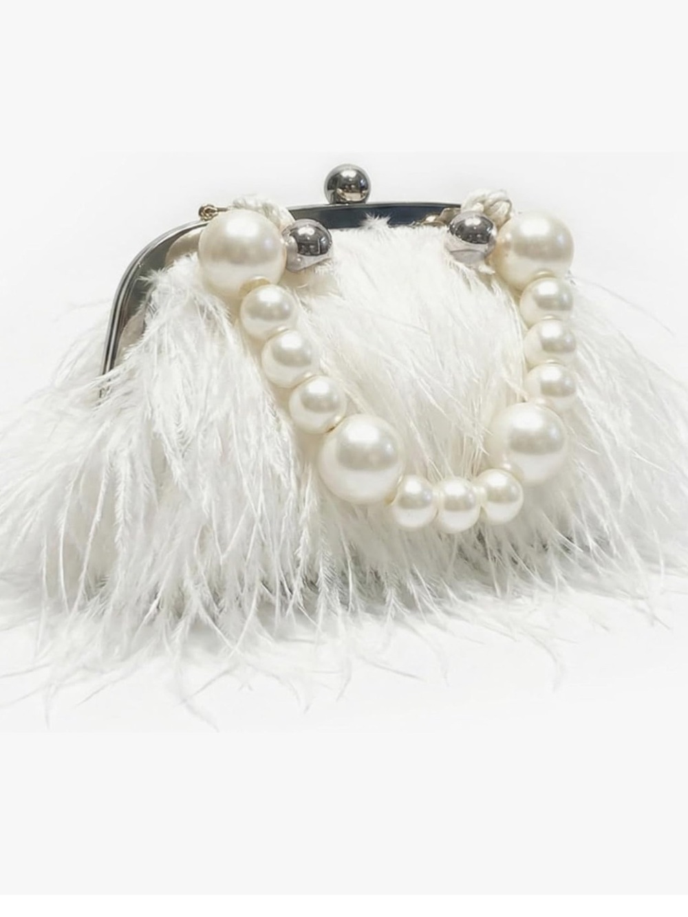 Pearl-Strap White Ostrich Feather Clutch